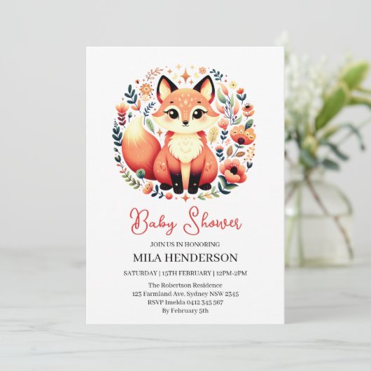 Schattige Fox Floral Baby shower uitnodiging (Staand voorkant)