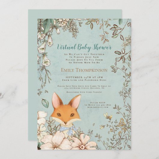  Schattige Fox Floral Leaf Virtual Baby shower Kaart (Voorkant / Achterkant)