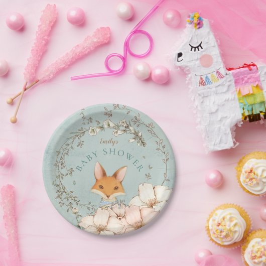  Schattige Fox Flowers Boy Groen Baby shower Papieren Bordje (Feest)