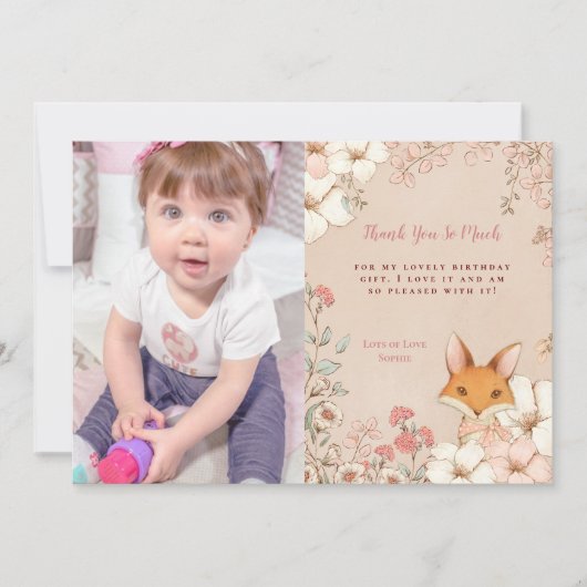Schattige Fox Foto Meisje 1e Verjaardag Dank u Bedankkaart (Voorkant)