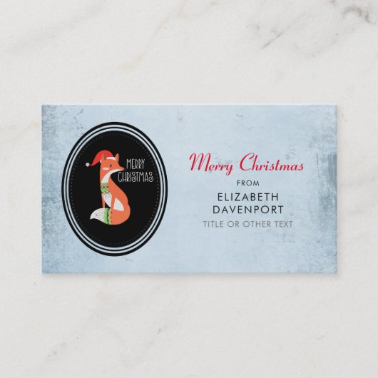 Schattige Fox in Kerst Pet op Blauwe Achtergrond Visitekaartje (Voorkant)