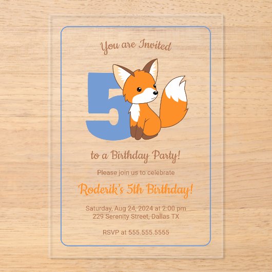 Schattige Fox Kinder 5e Verjaardag Acryl Uitnodigingen (Voorkant)
