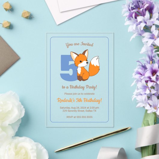 Schattige Fox Kinder 5e Verjaardag Acryl Uitnodigingen (Insitu (Huwelijk))