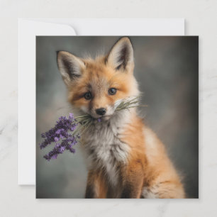 Schattige Fox Kit met Lavendelbloemen Feestdagenkaart