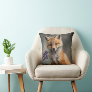 Schattige Fox Kit met Lavendelbloemen Kussen