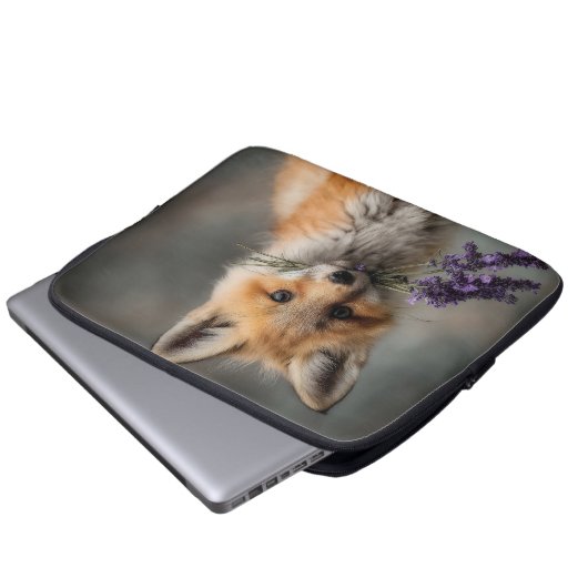 Schattige Fox Kit met Lavendelbloemen Laptop Sleeve (Voorkant onderkant)