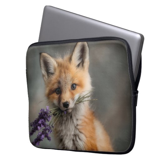Schattige Fox Kit met Lavendelbloemen Laptop Sleeve (Voorkant Links)