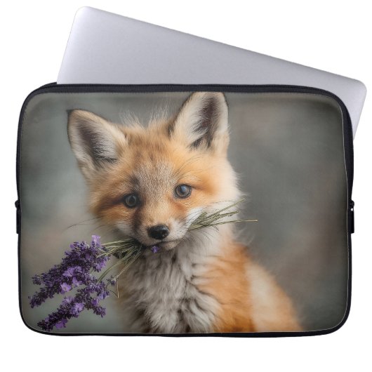 Schattige Fox Kit met Lavendelbloemen Laptop Sleeve (Voorkant)