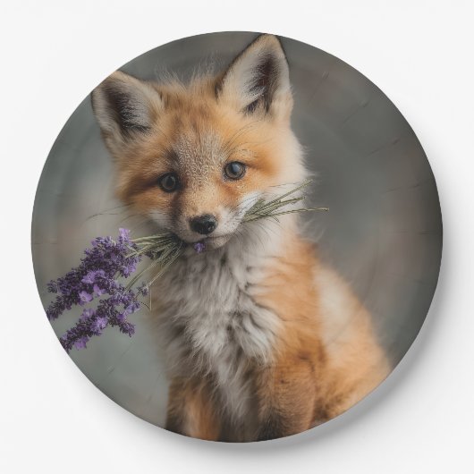 Schattige Fox Kit met Lavendelbloemen Papieren Bordje (Voorkant)