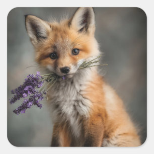 Schattige Fox Kit met Lavendelbloemen Vierkante Sticker
