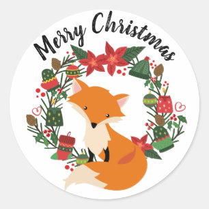 Schattige Fox met Kerstkrans Ronde Sticker