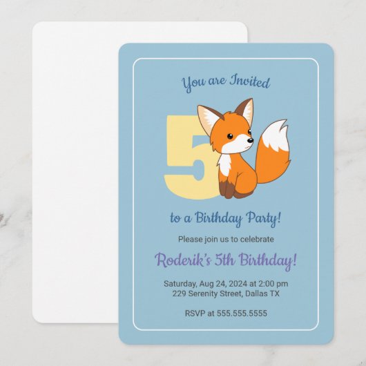 Schattige Fox op Blue Boys 5e Verjaardag Kaart (Voorkant / Achterkant)