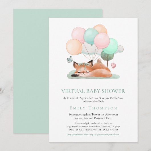 Schattige Fox Slaapballon Blauwgroen Virtual Baby  Kaart (Voorkant / Achterkant)