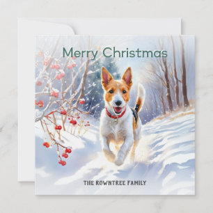 Schattige Fox Terrier Hond In Sneeuw Prettig Kerst Feestdagenkaart