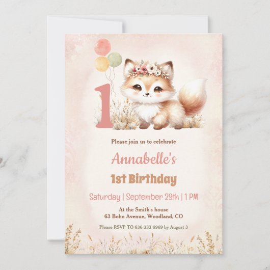 Schattige Fox Woodland Boho Pastel Meisje 1e verja Kaart (Voorkant)