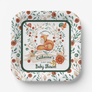 Schattige Fox Woodland Floral baby shower Papieren Bordje