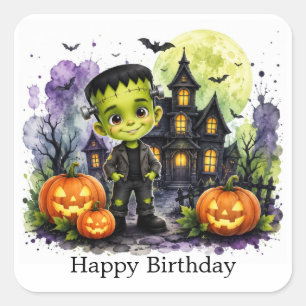 Schattige Frankenstein Jongen Halloween Verjaardag Vierkante Sticker