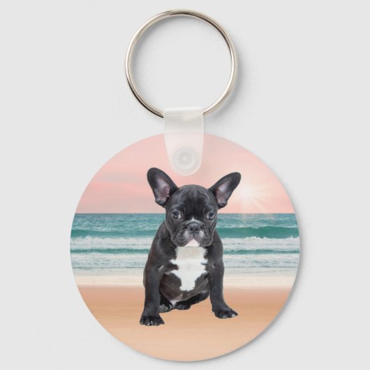Schattige Frans Bulldog Beach Zonnewater Sleutelhanger (Voorkant)