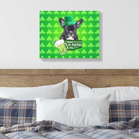 Schattige Frans Bulldog Puppy Pet St. Patrick Day Canvas Afdruk (Insitu (Slaapkamer))