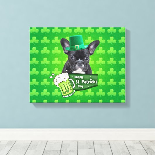 Schattige Frans Bulldog Puppy Pet St. Patrick Day Canvas Afdruk (Insitu (Houten vloer))
