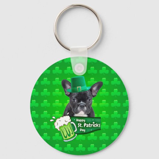 Schattige Frans Bulldog Puppy Pet St. Patrick Day Sleutelhanger (Voorkant)