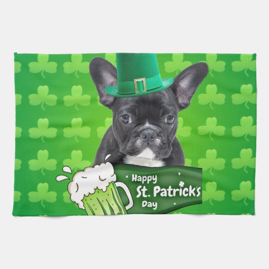 Schattige Frans Bulldog Puppy Pet St. Patrick Day Theedoek (Horizontaal)