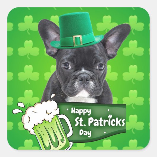 Schattige Frans Bulldog Puppy Pet St. Patrick Day Vierkante Sticker (Voorkant)