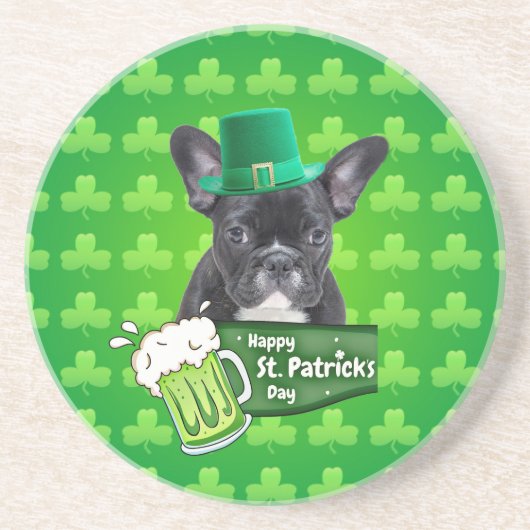 Schattige Frans Bulldog Puppy Pet St. Patrick Day Zandsteen Onderzetter (Voorkant)
