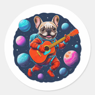 Schattige Franse Bulldog Astronaut Gitaar Spelend Ronde Sticker