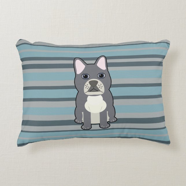 Schattige Franse Bulldog Blauw Gestreepte Accent Kussen (Voorkant)