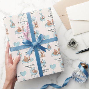 Schattige Franse Bulldog Blauwe Baby Jongen Verjaa Cadeaupapier