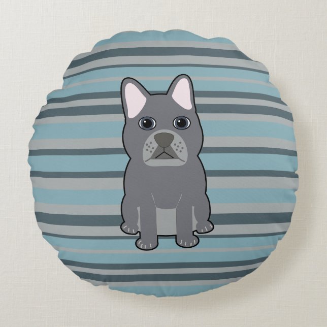 Schattige Franse Bulldog Blauwe Strepen Rond Kussen (Voorkant)