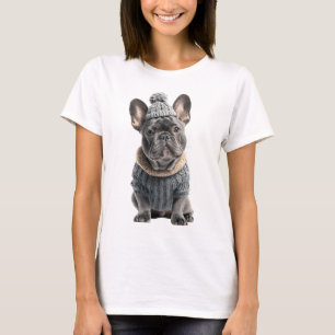 Schattige Franse Bulldog in knusse winterbreiwerk T-shirt