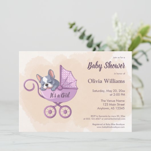 Schattige Franse Bulldog Puppy Roze Wandelwagen Ba Kaart (Staand voorkant)