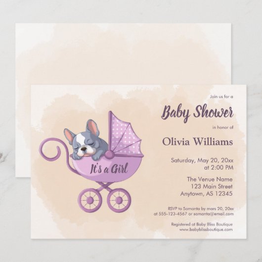 Schattige Franse Bulldog Puppy Roze Wandelwagen Ba Kaart (Voorkant / Achterkant)