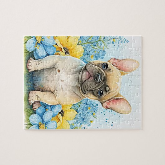 Schattige Franse Bulldog Puppy Spring Floral Dog Legpuzzel (Horizontaal)