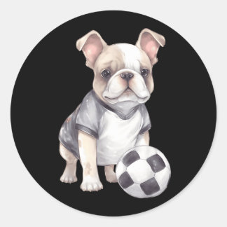 Schattige Franse Bulldog Voetbal Speler Puppy Ronde Sticker