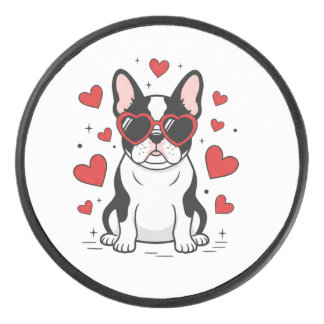 Schattige Franse pup in liefdeshartzonnebril Illus Hockey Puck