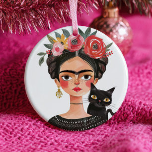 Schattige Frida Kahlo & Zwarte Kat Huisdier Naam & Keramisch Ornament