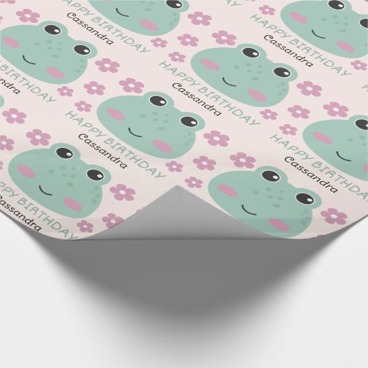 Schattige Frog Face Flower Naam Kids Verjaardag Cadeaupapier (Hoek)