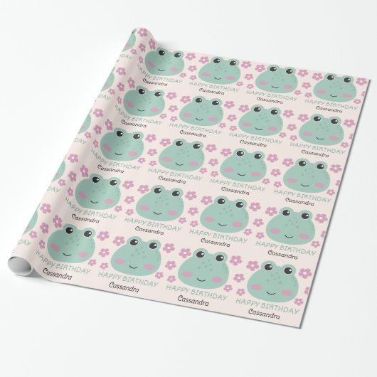 Schattige Frog Face Flower Naam Kids Verjaardag Cadeaupapier (Uitgerold)