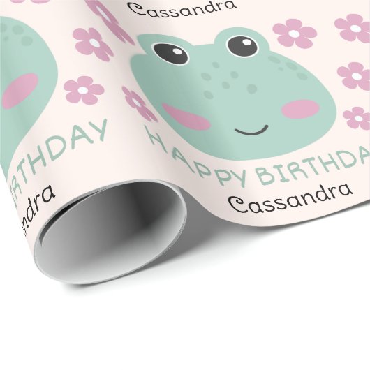 Schattige Frog Face Flower Naam Kids Verjaardag Cadeaupapier (Rol Hoek)