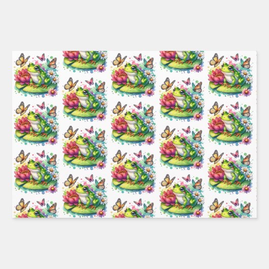 Schattige Frog op een Lily Pad en Flowers Verjaard Inpakpapier Vel (Voorkant)