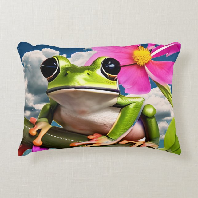 Schattige Frog op Pink Flower Branch met Clouds Accent Kussen (Voorkant)