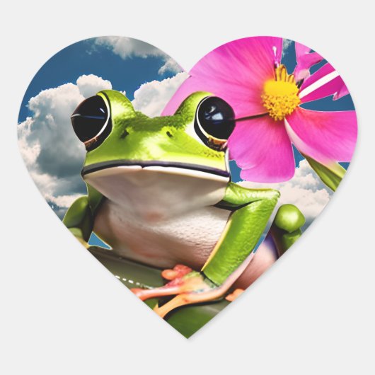 Schattige Frog op Pink Flower Branch met Clouds Hart Sticker (Voorkant)