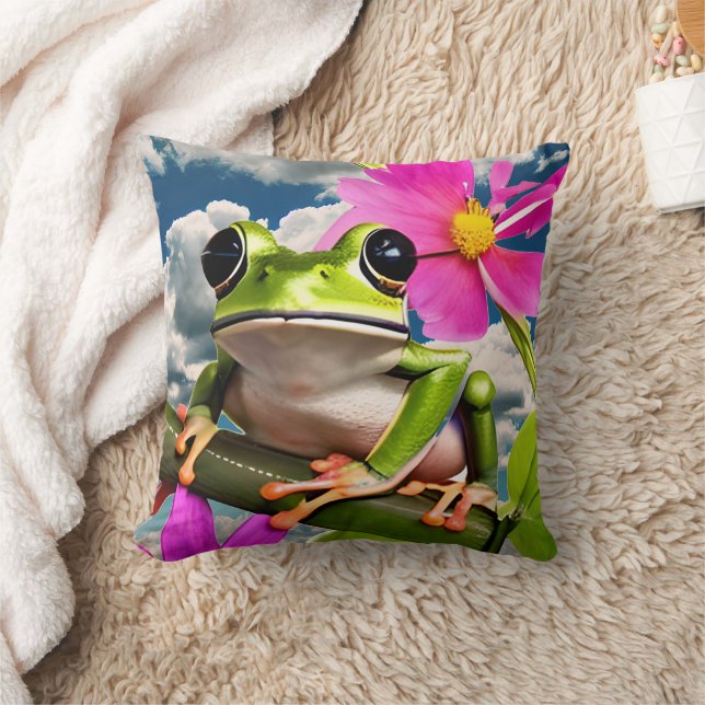 Schattige Frog op Pink Flower Branch met Clouds Kussen (Deken)
