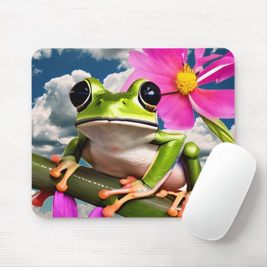 Schattige Frog op Pink Flower Branch met Clouds Muismat (Met muis)