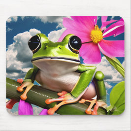 Schattige Frog op Pink Flower Branch met Clouds Muismat