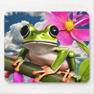Schattige Frog op Pink Flower Branch met Clouds Muismat