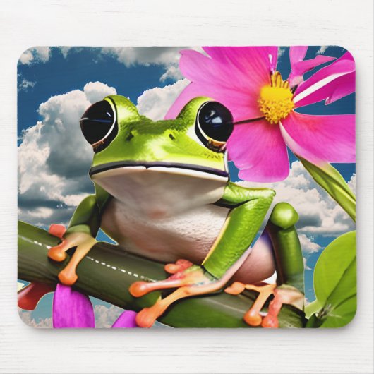 Schattige Frog op Pink Flower Branch met Clouds Muismat (Voorkant)